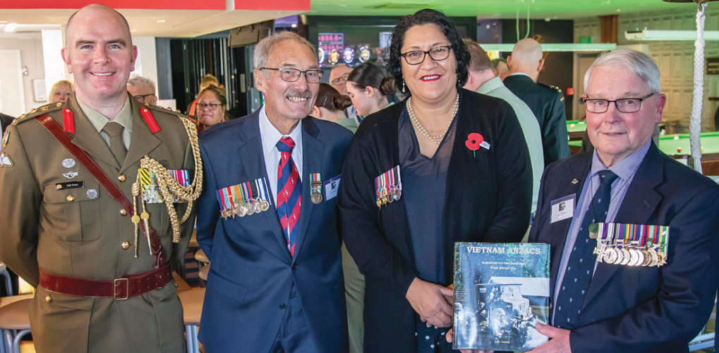 Left to right: Australian military advisor Colonel Neil Peak, Bob Anderson, Minister for Veterans the Hon Meka Whaitiri, and Tony Howell. Left to right: Australian military advisor Colonel Neil Peak, Bob Anderson, Minister for Veterans the Hon Meka Whaitiri, and Tony Howell.